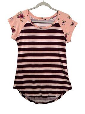 Ikeddi Womens Top Sz M Maroon/Peach Stretch Knit Striped Floral Boho Short Slv